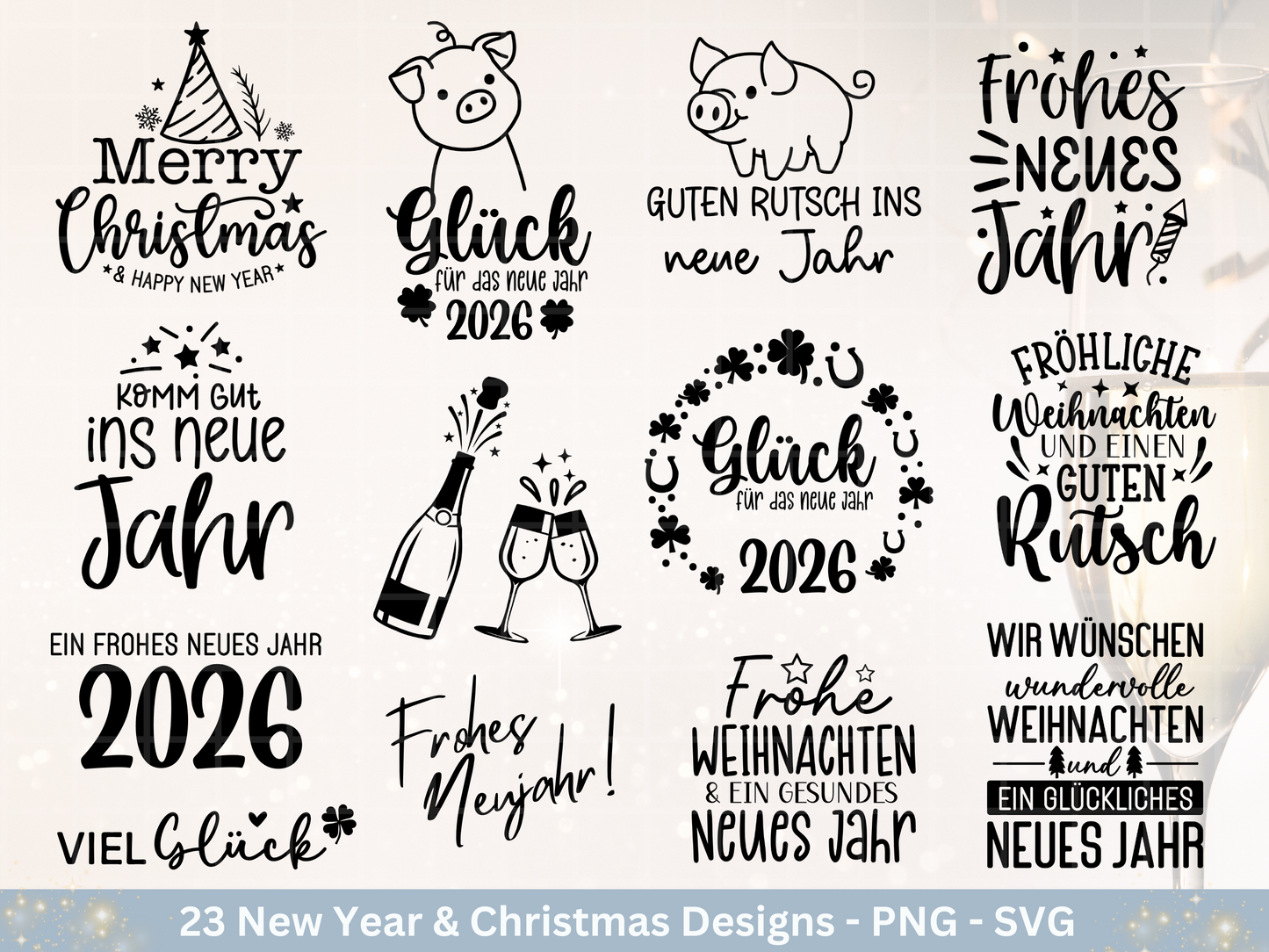 Silvester Plotterdatei - Deutsche Sprüche Svg - Weihnachten Svg - Frohes Neues Jahr 2026 - Silvester Laserdatei - Glücksschwein svg - Glück