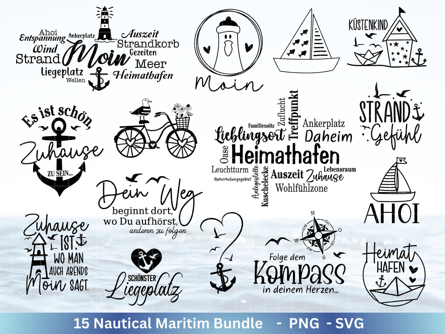 Plotterdatei Maritim - Moin Svg - Maritim Svg - Maritim Clipart - Leuchtturm Svg - Möwen Svg - Wilkommen im Norden svg - Laserdatei Home
