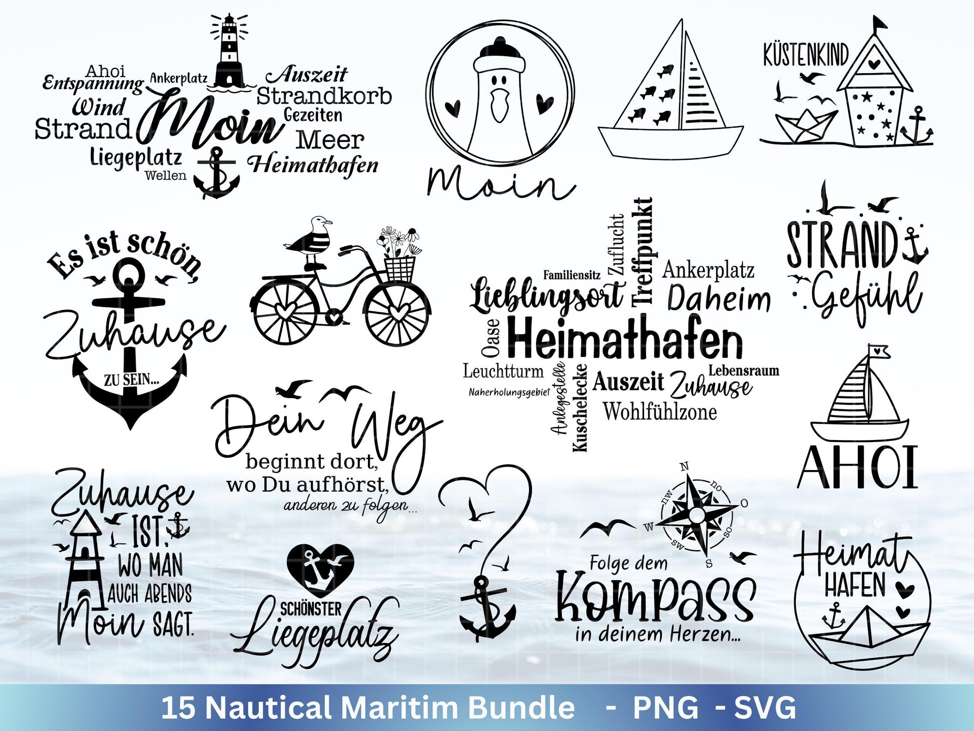 Plotterdatei Maritim - Moin Svg - Maritim Svg - Maritim Clipart - Leuchtturm Svg - Möwen Svg - Wilkommen im Norden svg - Laserdatei Home