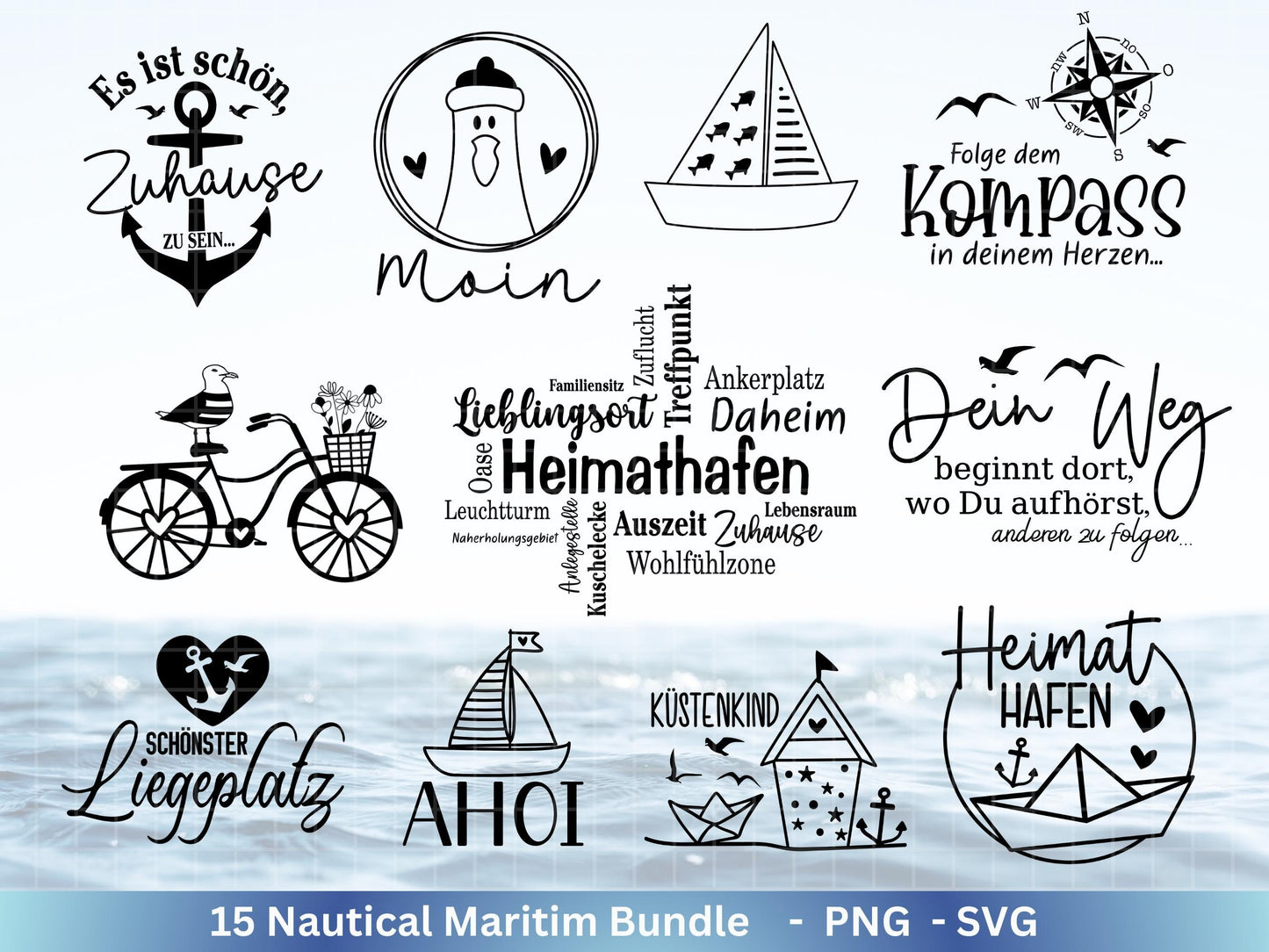Plotterdatei Maritim - Moin Svg - Maritim Svg - Maritim Clipart - Leuchtturm Svg - Möwen Svg - Wilkommen im Norden svg - Laserdatei Home
