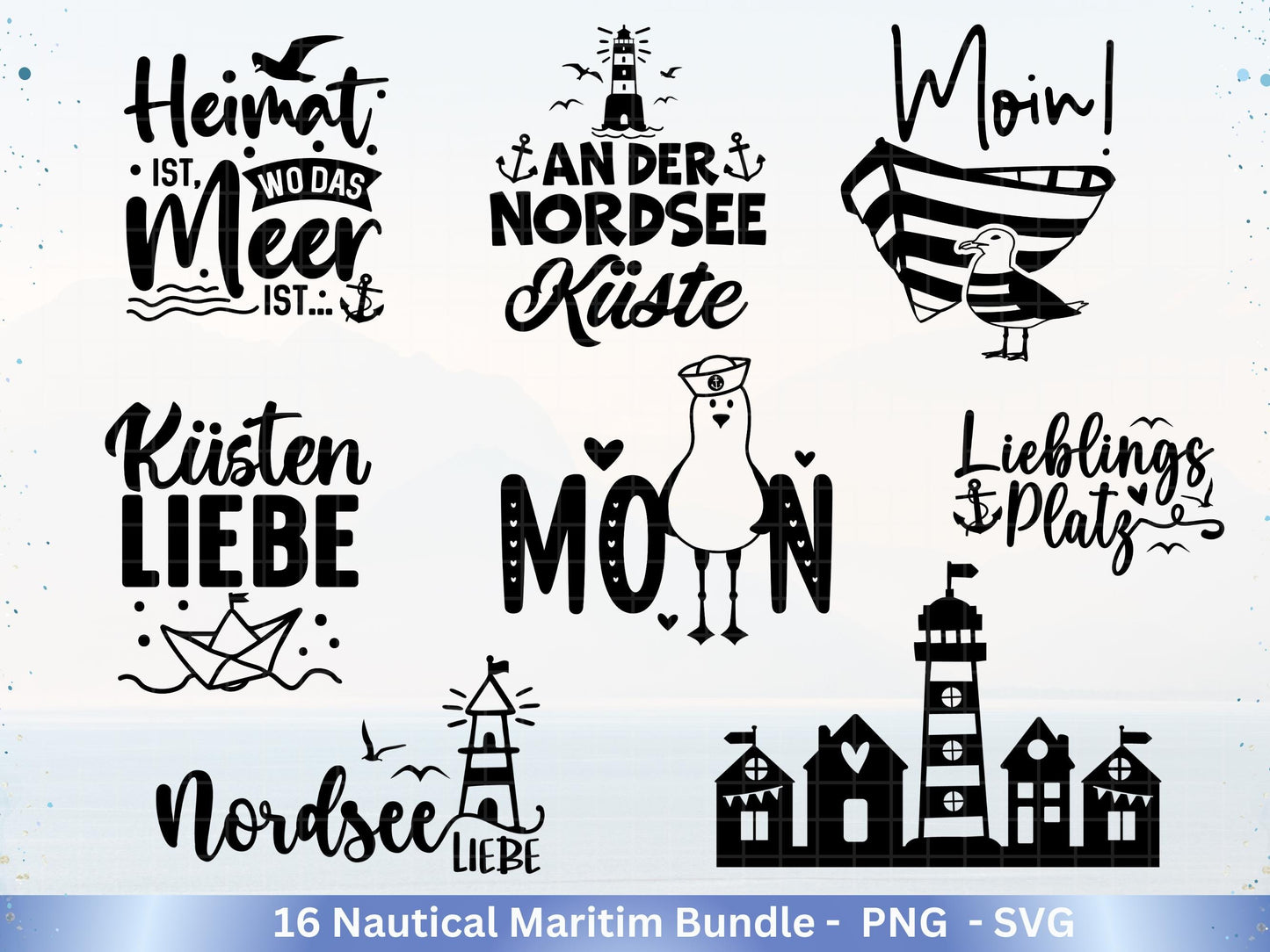Plotterdatei Maritim - Moin Svg - Maritim Svg - Maritim Clipart - Leuchtturm Svg - Möwen Svg - Nordsee Svg - Ostsee Svg - Laserdatei Möwe