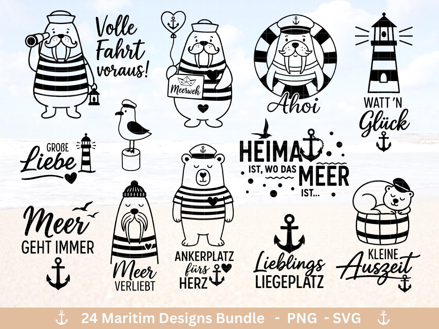 Plotterdatei Maritim Bundle – Meer & Küste – Moin, Anker, Möwen, Sprüche – Deutsche Plotterdatei Küstenkind - Geschenk Maritim - Laserdatei