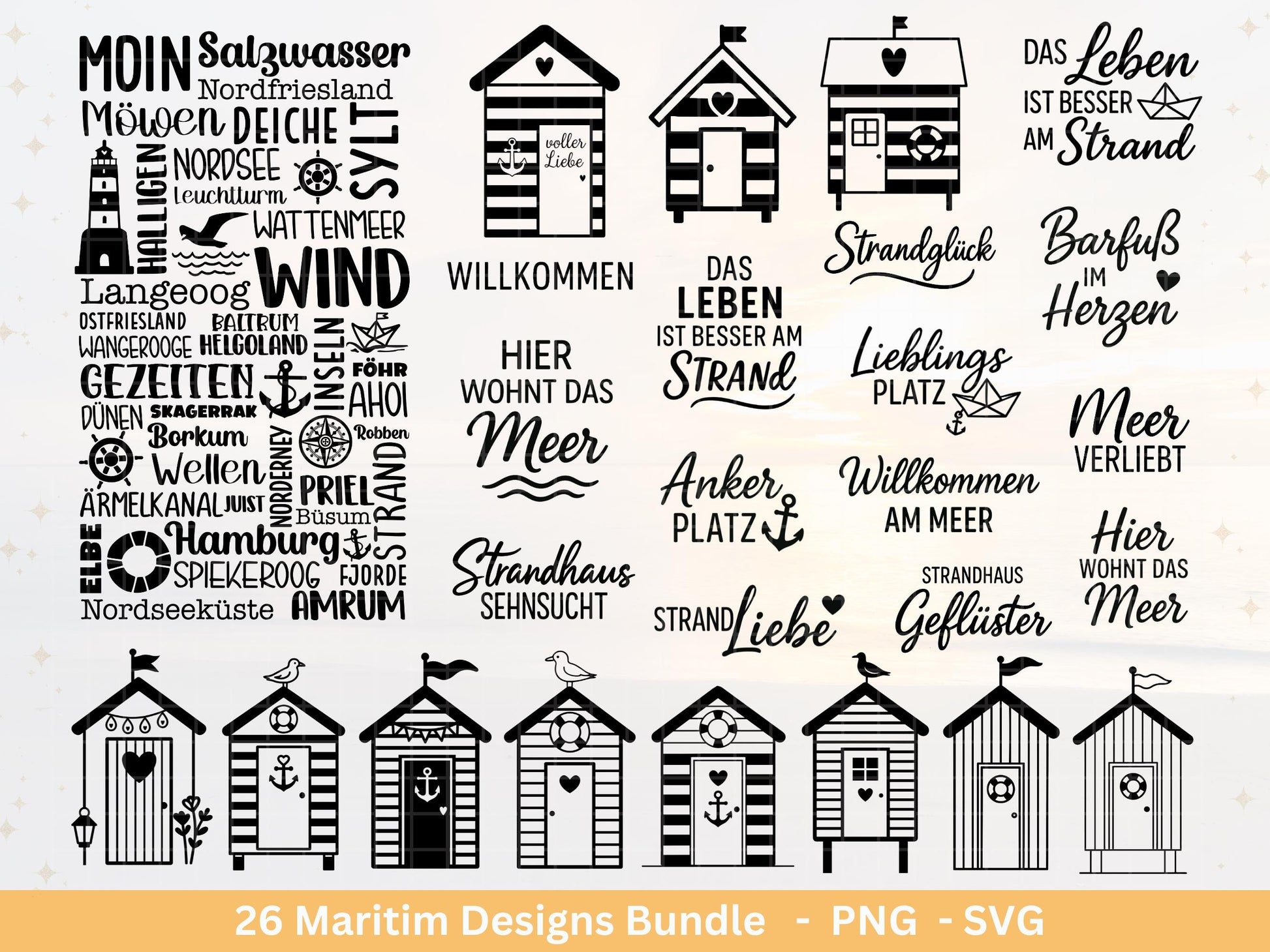 Plotterdatei Strandhäuser Bundle Svg– Strandhaus Svg - Plotterdatei Maritim - Deutsche Sprüche - Meer Svg - Laserdatei Strandhaus Digistamp