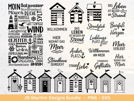 Plotterdatei Strandhäuser Bundle Svg– Strandhaus Svg - Plotterdatei Maritim - Deutsche Sprüche - Meer Svg - Laserdatei Strandhaus Digistamp