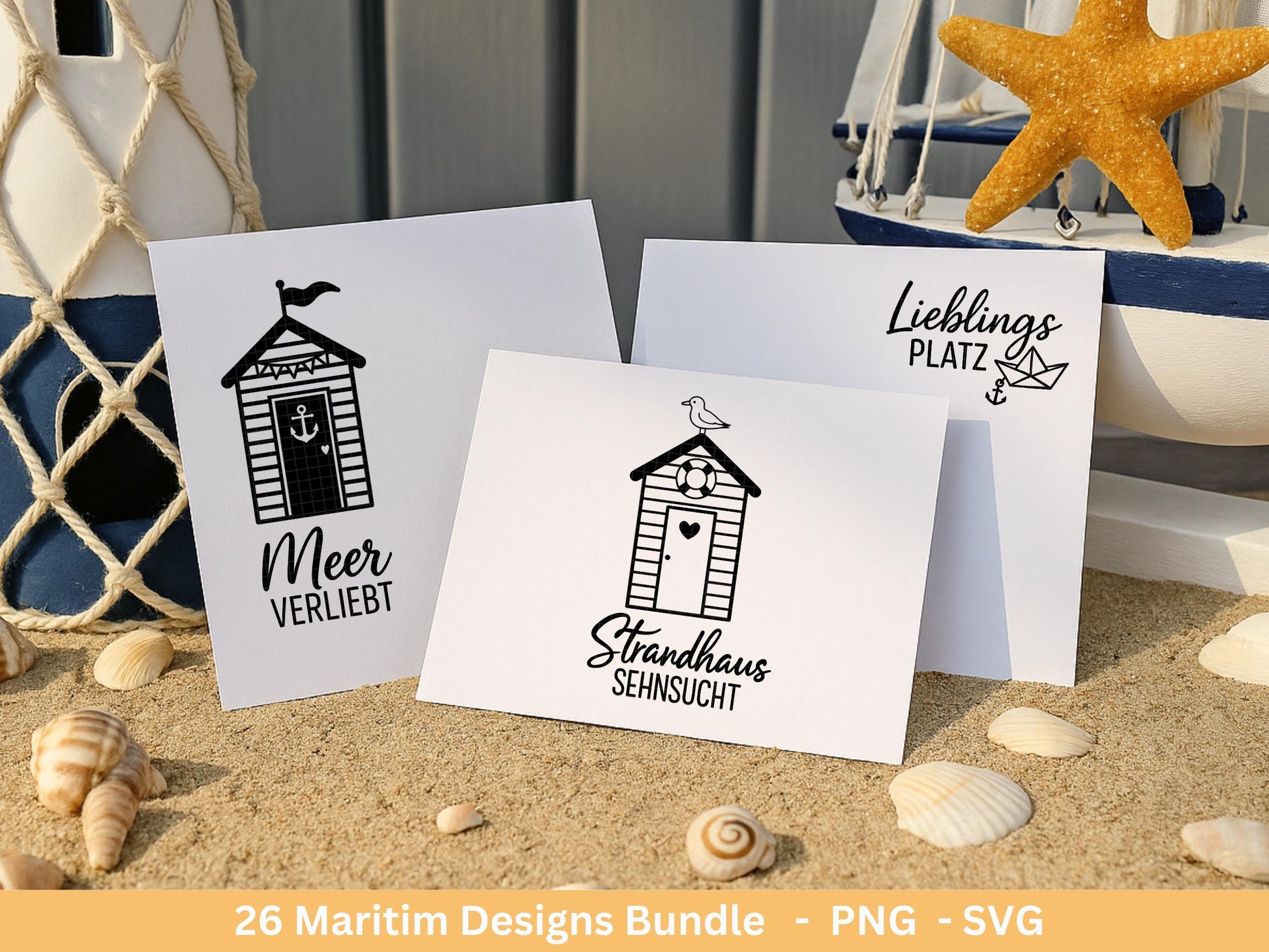 Plotterdatei Strandhäuser Bundle Svg– Strandhaus Svg - Plotterdatei Maritim - Deutsche Sprüche - Meer Svg - Laserdatei Strandhaus Digistamp