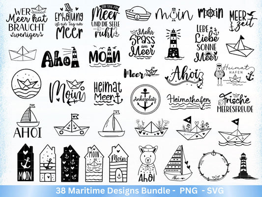 Plotterdatei Maritim - Deutsches Maritim Bundle - Moin Plotterdatei - Maritim svg - Laserdatei Maritim -Leuchtturm svg - Möwe svg - Ahoi Svg