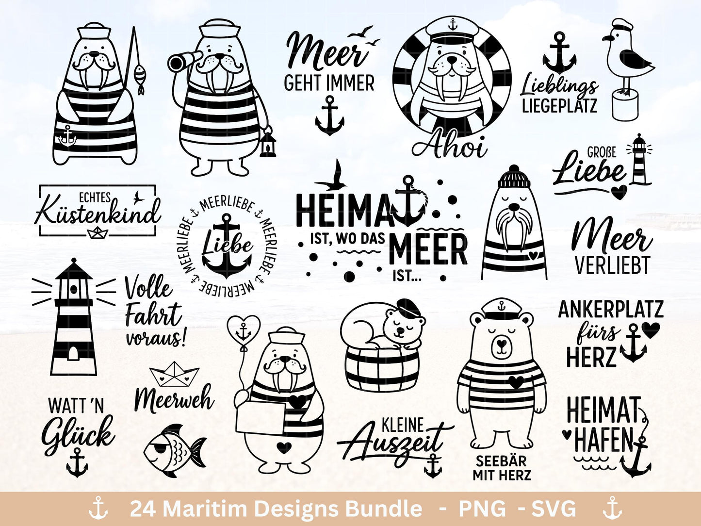 Plotterdatei Maritim Bundle – Meer & Küste – Moin, Anker, Möwen, Sprüche – Deutsche Plotterdatei Küstenkind - Geschenk Maritim - Laserdatei