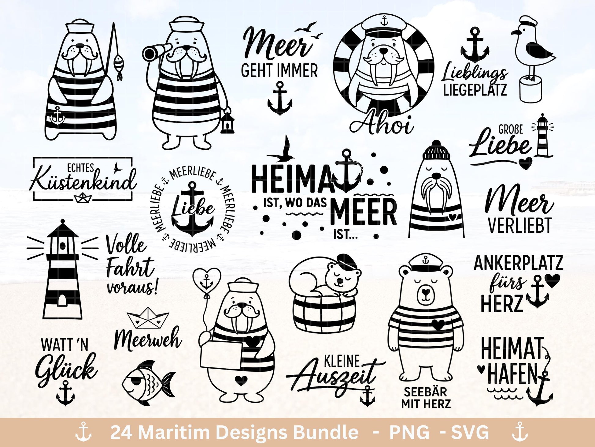 Plotterdatei Maritim Bundle – Meer & Küste – Moin, Anker, Möwen, Sprüche – Deutsche Plotterdatei Küstenkind - Geschenk Maritim - Laserdatei