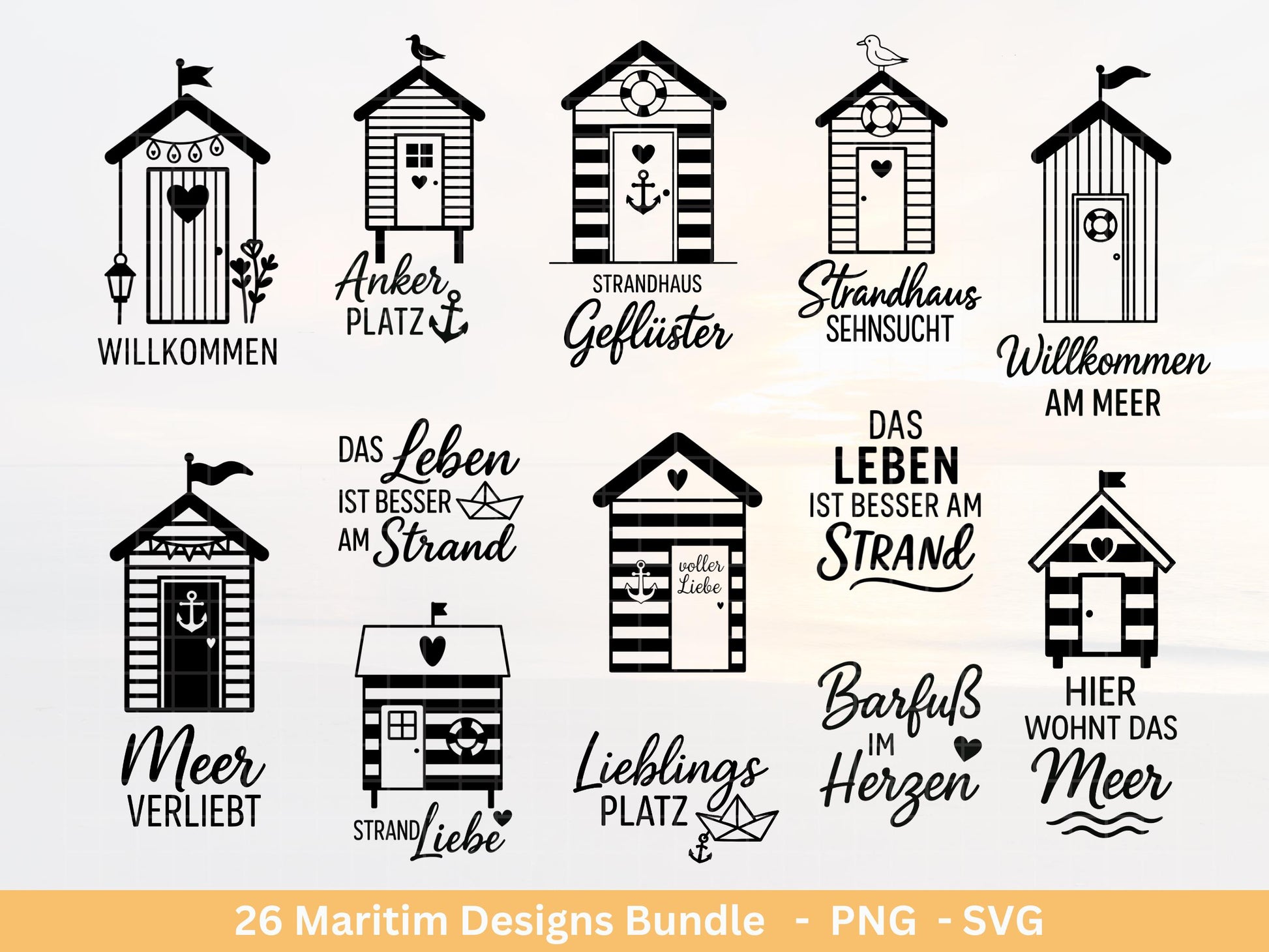Plotterdatei Strandhäuser Bundle Svg– Strandhaus Svg - Plotterdatei Maritim - Deutsche Sprüche - Meer Svg - Laserdatei Strandhaus Digistamp
