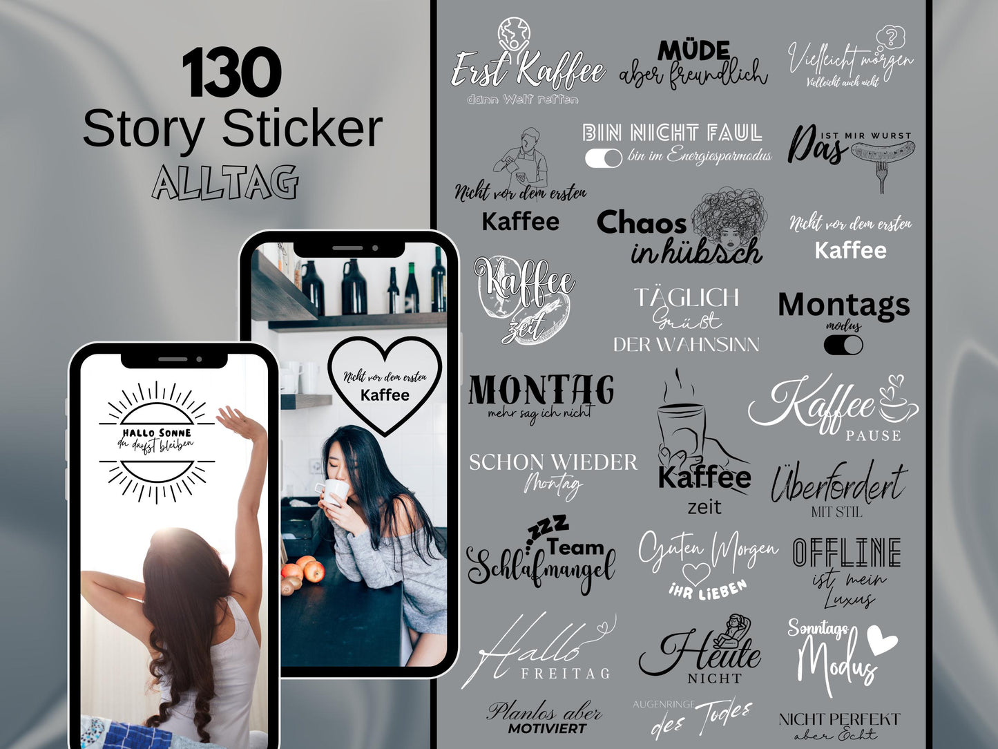 130 Instagram Story Sticker – Deutsch | Alltag | Kaffee | Humor | Home | Storysticker Daily | Basic | Kalligraphie | Guten Morgen | Sprüche