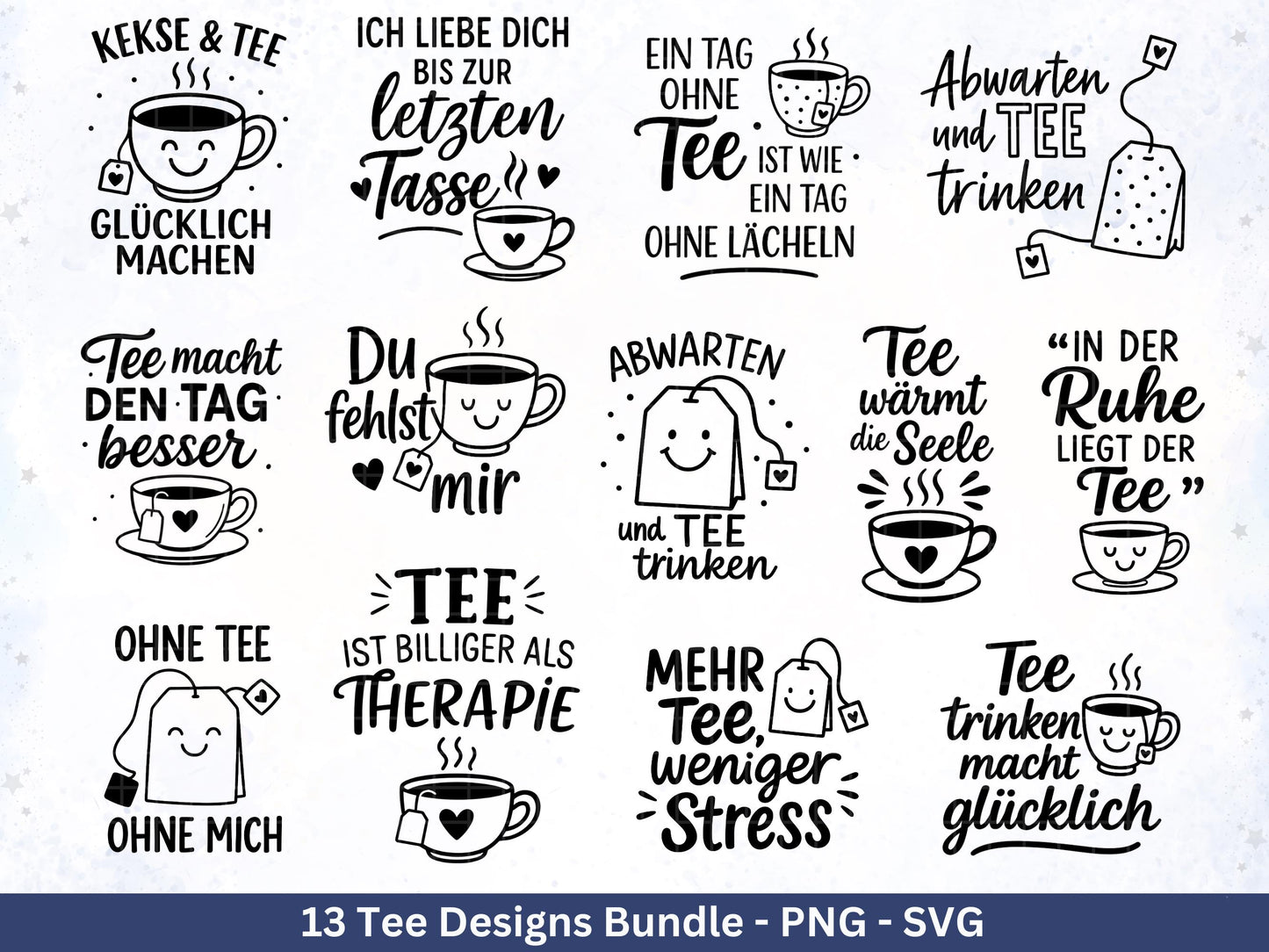 Plotterdatei Tee - Tee Svg Bundle - Teetasse Svg - Deutsche Sprüche Tee - Cricut - Lasercut - Teebeutel - Tee Sprüche Svg - Geschenkset Tee