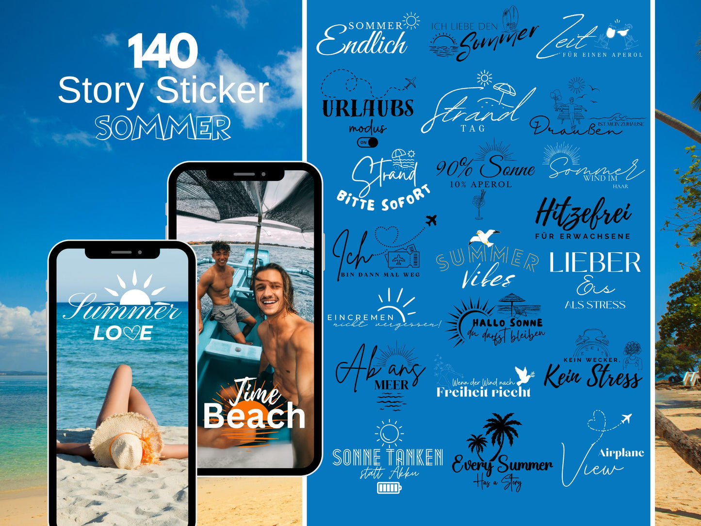 140 Instagram Story Sticker Sommer – Urlaubssticker für Insta Stories – Strand – Pool - Strand Sprüche – Sommer Content Creator Bundle Daily