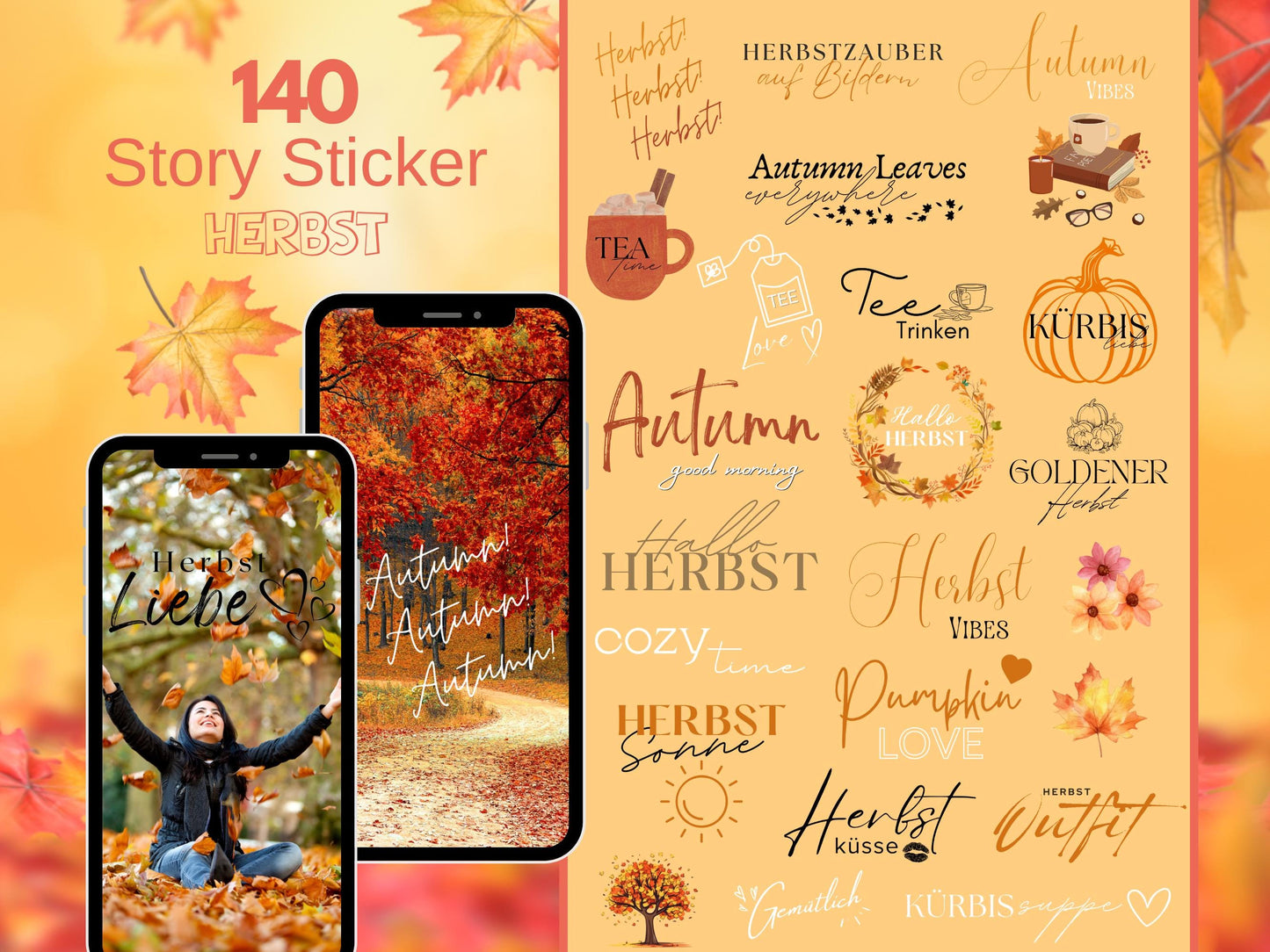 140 Instagram Story Sticker Herbst – Cozy Fall Words PNG – Kalligraphie Storysticker Set – Autumn Vibes für Insta – Jahreszeiten Bundle