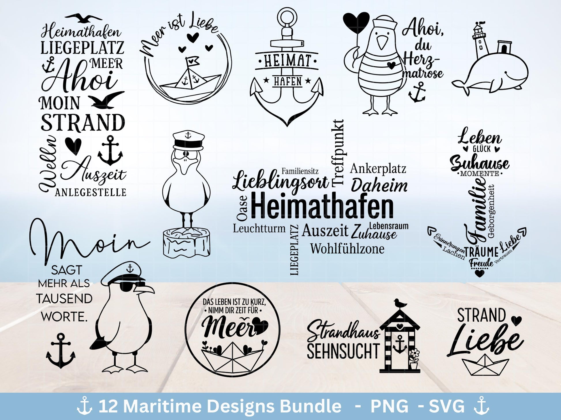 Plotterdatei Maritim - Moin Svg - Maritim Svg - Maritim Clipart - Leuchtturm Svg - Möwen Svg - Wilkommen im Norden svg - Laserdatei Home