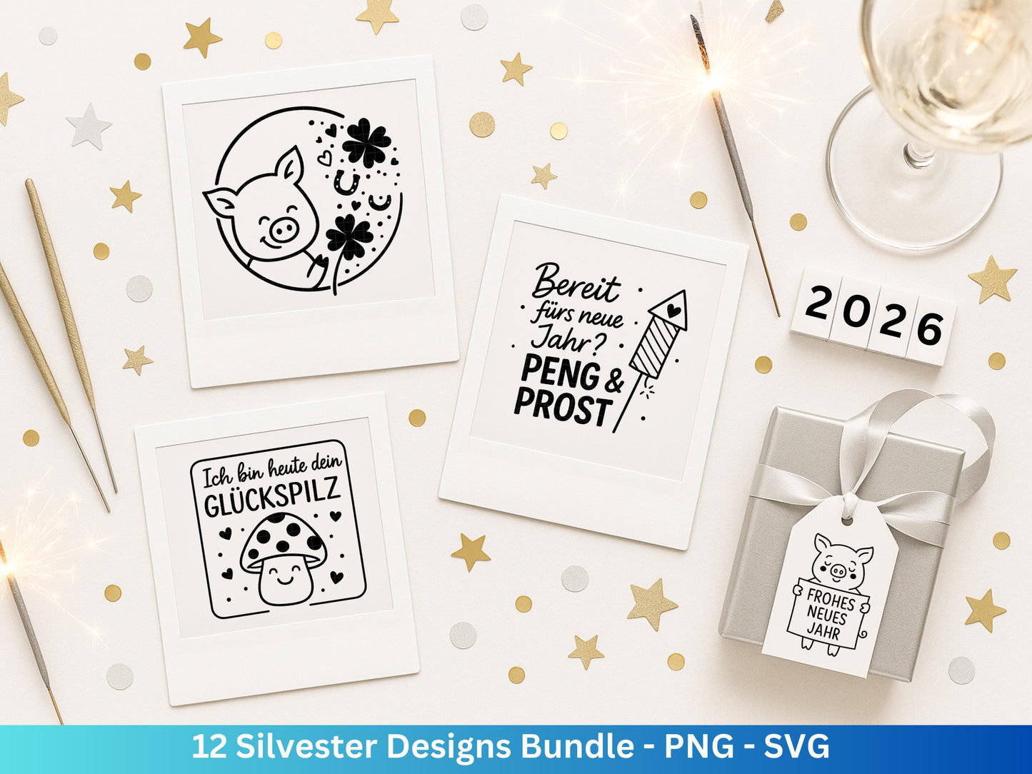 Silvester Plotterdatei - Deutsche Sprüche Svg - Weihnachten Svg - Frohes Neues Jahr 2026 - Silvester Laserdatei - Glücksschwein svg - Glück