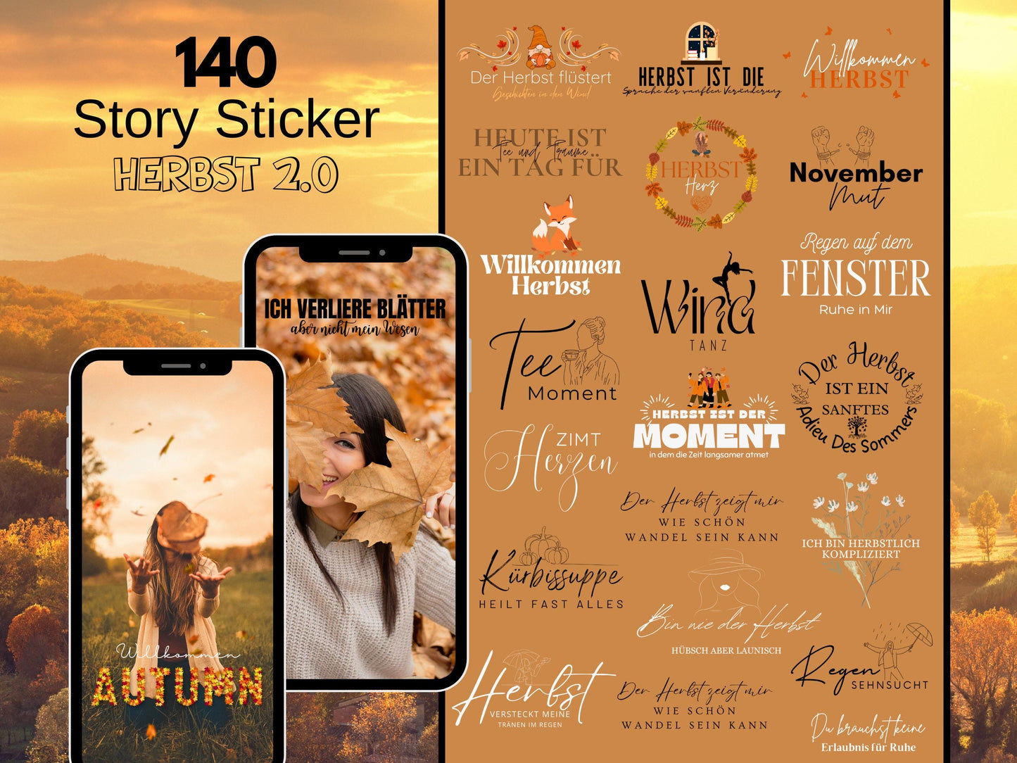 140 Instagram Story Sticker Herbst – Cozy Fall Words PNG – Kalligraphie Storysticker Set – Autumn Vibes für Insta – Jahreszeiten Bundle