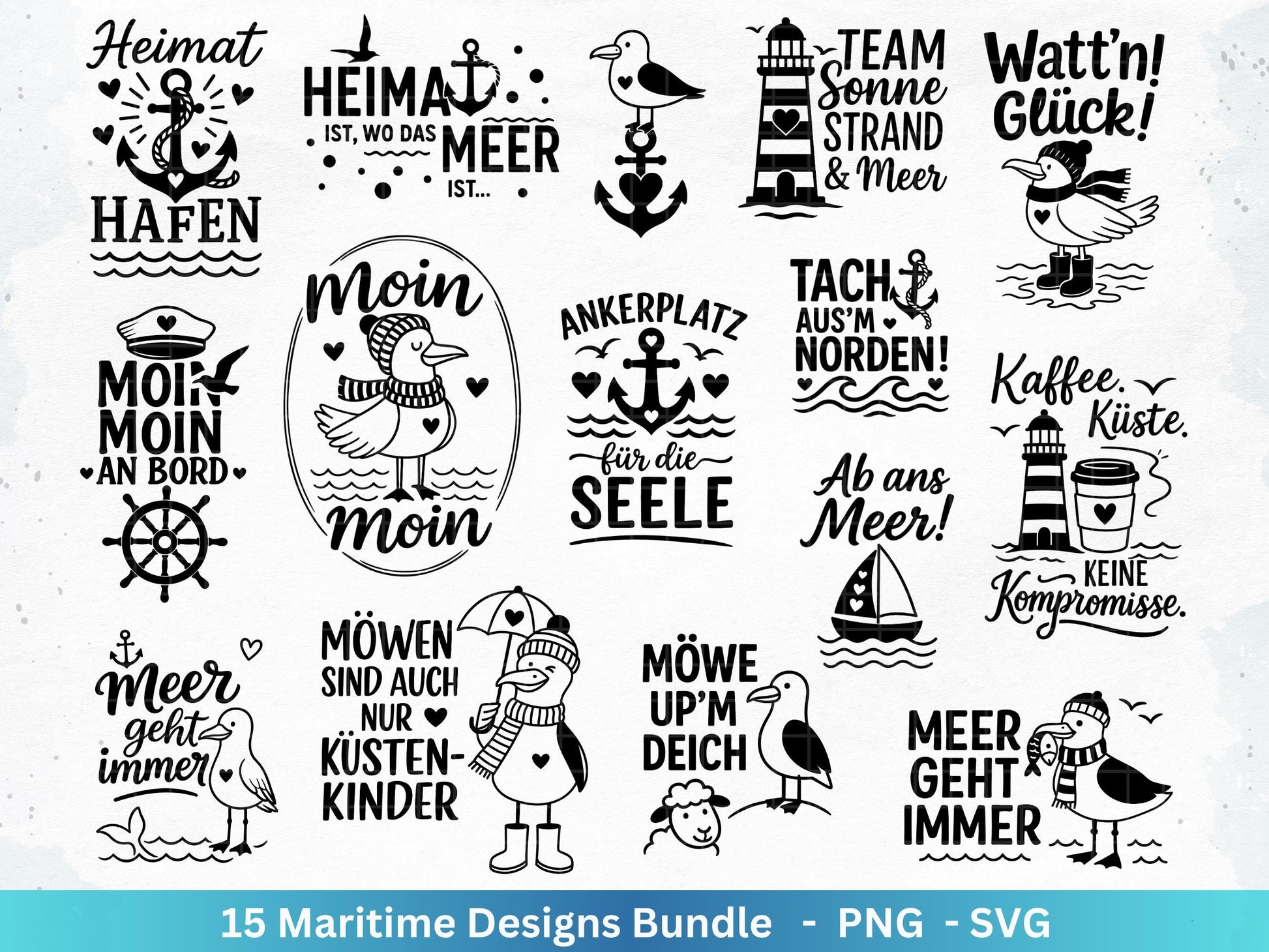 Plotterdatei Maritim - Moin Svg - Maritim Svg - Leuchtturm Svg - Möwen Svg - Nordsee & Ostsee - Laserdatei Möwe - Deutsche Sprüche Svg Datei