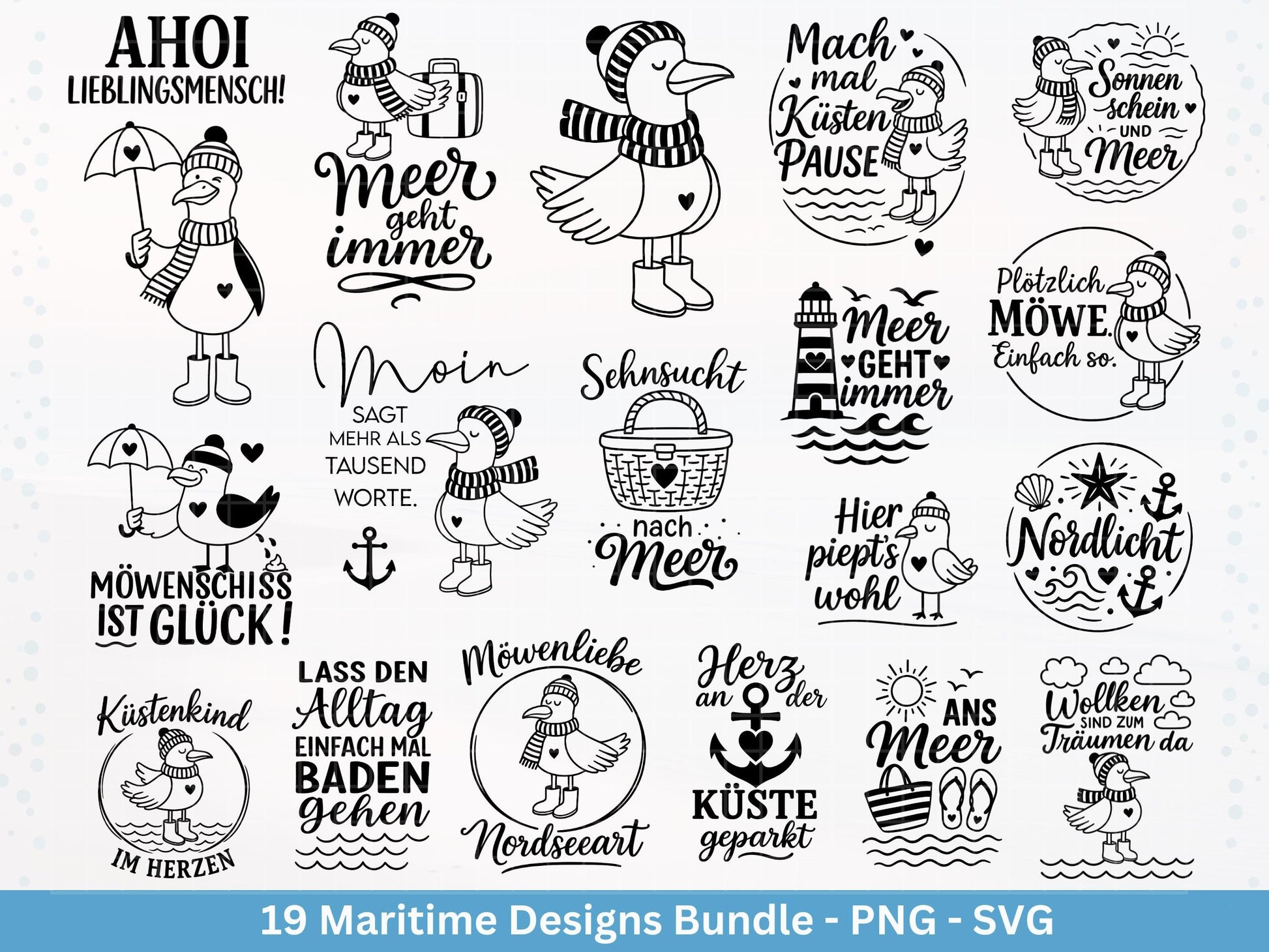 Plotterdatei Maritim - Moin Svg - Maritim Svg - Leuchtturm Svg - Möwen Svg - Nordsee & Ostsee - Laserdatei Möwe - Deutsche Sprüche Svg Datei