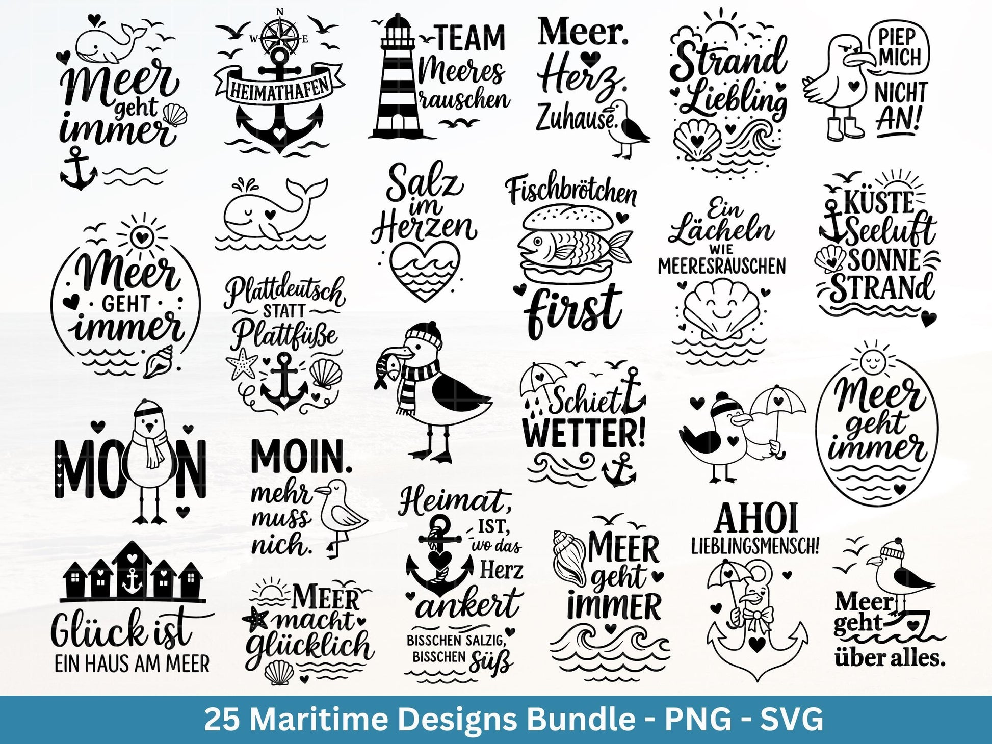 Plotterdatei Maritim - Moin Svg - Maritim Svg - Leuchtturm Svg - Möwen Svg - Nordsee & Ostsee - Laserdatei Möwe - Deutsche Sprüche Svg Datei