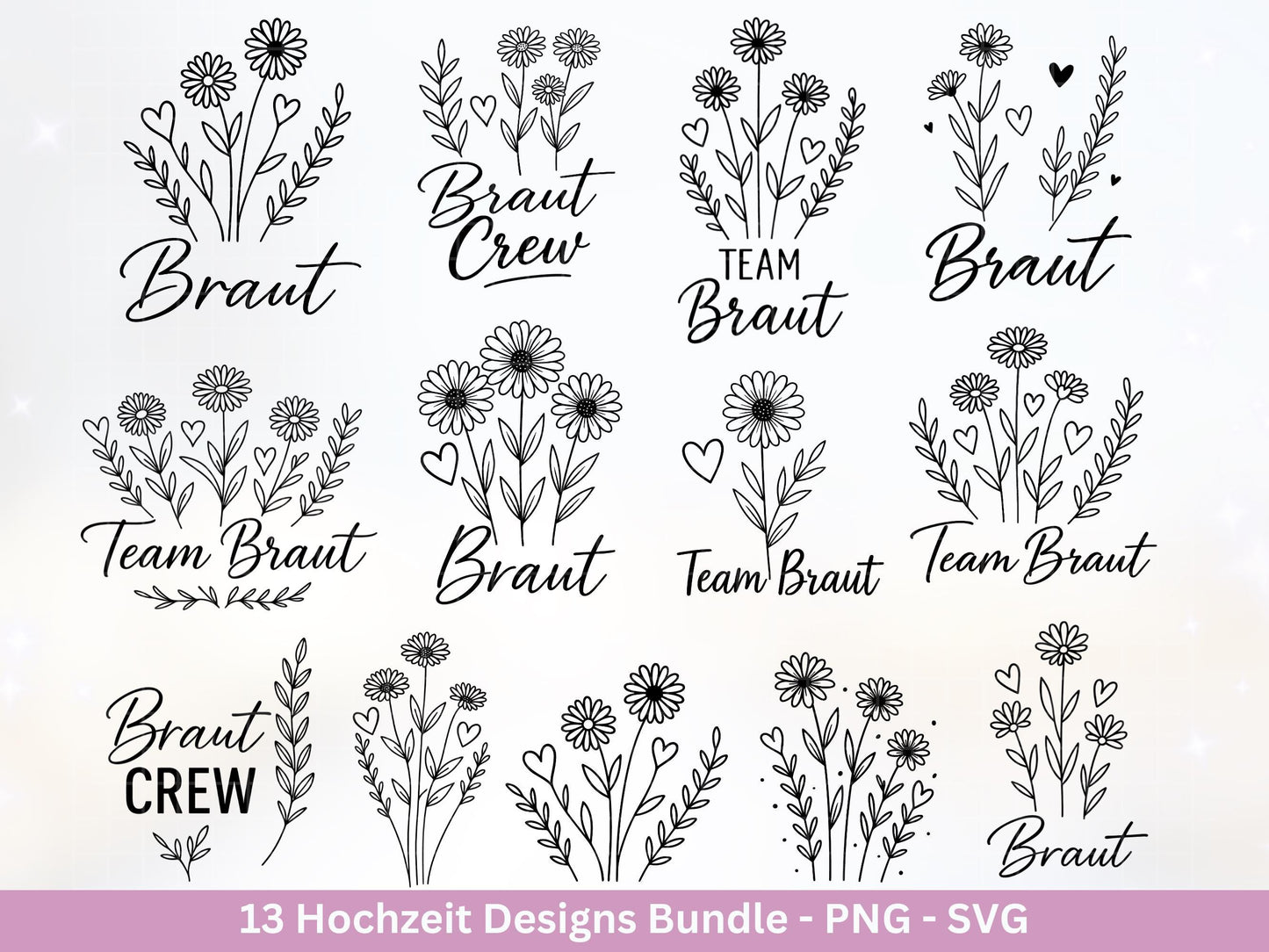 Plotterdatei Braut SVG Bundle - Hochzeit Party - Brautjungfer - JGA - Verlobungsfeier- Braut Shirts - Hochzeit Svg - Blumen Svg - Jga Shirt