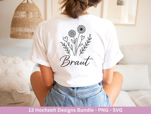 Plotterdatei Braut SVG Bundle - Hochzeit Party - Brautjungfer - JGA - Verlobungsfeier- Braut Shirts - Hochzeit Svg - Blumen Svg - Jga Shirt