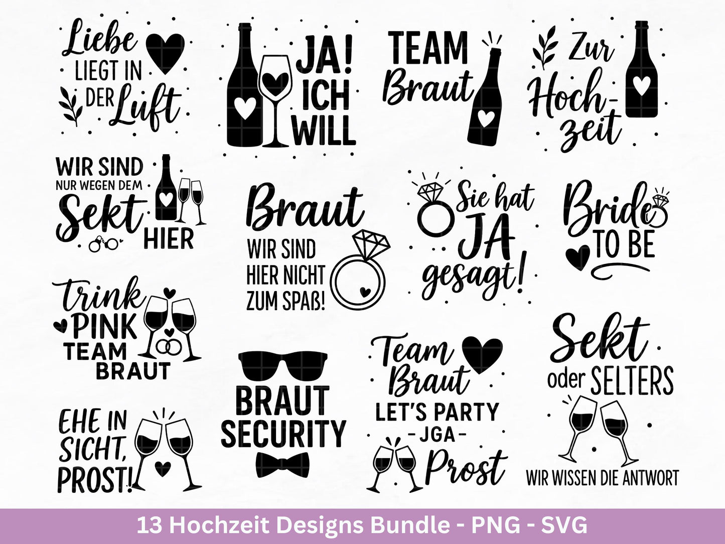 Plotterdatei Braut SVG Bundle - Hochzeit Party - Brautjungfer - JGA - Verlobungsfeier- Braut Shirts - Hochzeit Svg - Sekt Svg - Jga Shirts