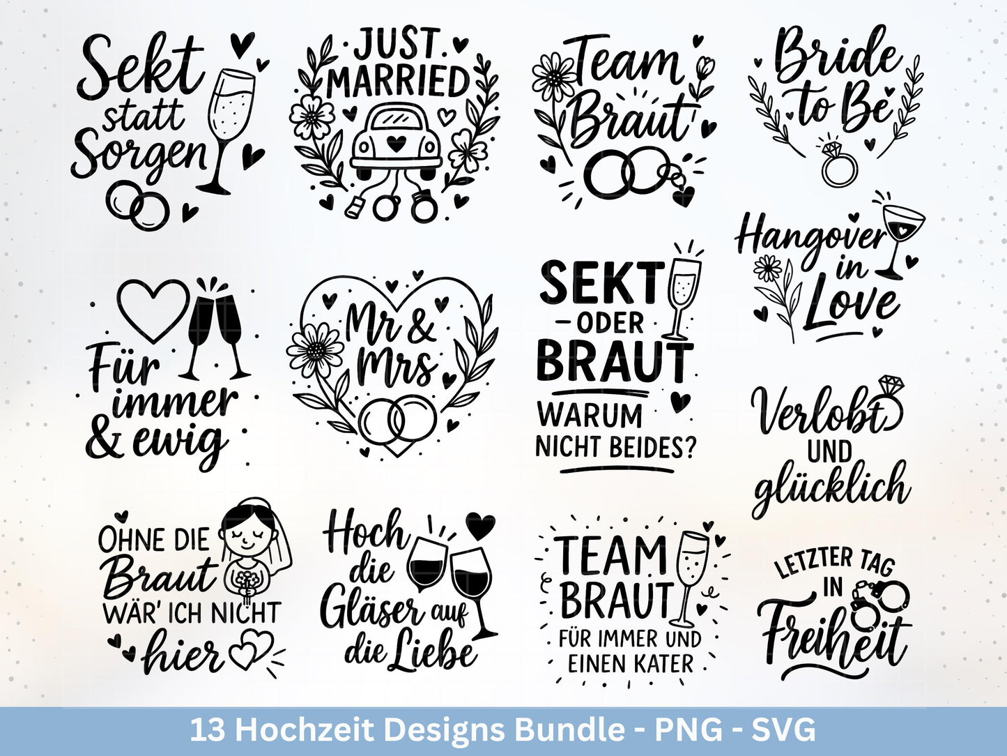 Plotterdatei Braut SVG Bundle - Hochzeit Party - Brautjungfer - JGA - Verlobungsfeier- Braut Shirts - Hochzeit Svg - Sekt Svg Datei Geschenk