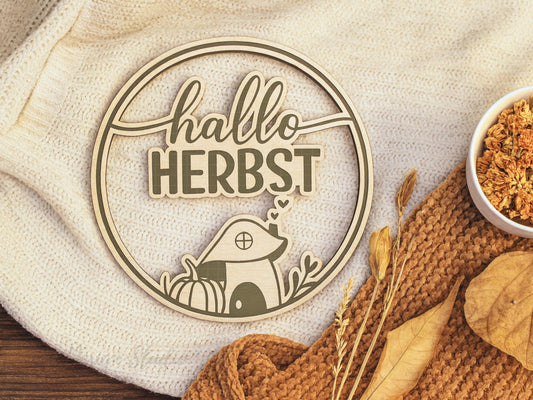 Hallo Herbst SVG Laserdatei – Plotterdatei Herbstkranz mit Kürbis & Pilz – Herbst Deko Vorlage für Cricut Silhouette Glowforge DIY Basteln