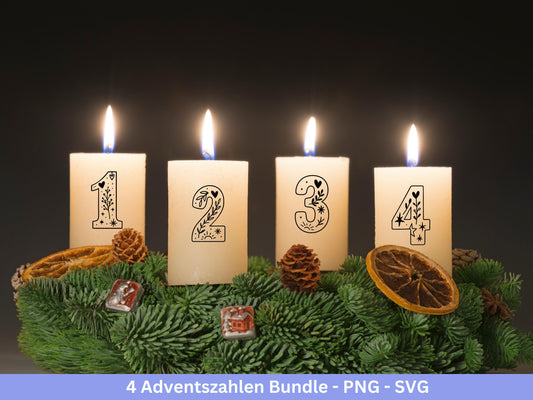 Adventszahlen 1-4 – Plotterdatei & Laserdatei – Weihnachten Zahlen SVG PNG – Adventskranz Deko – DIY Weihnachtsdeko Cricut Silhouette