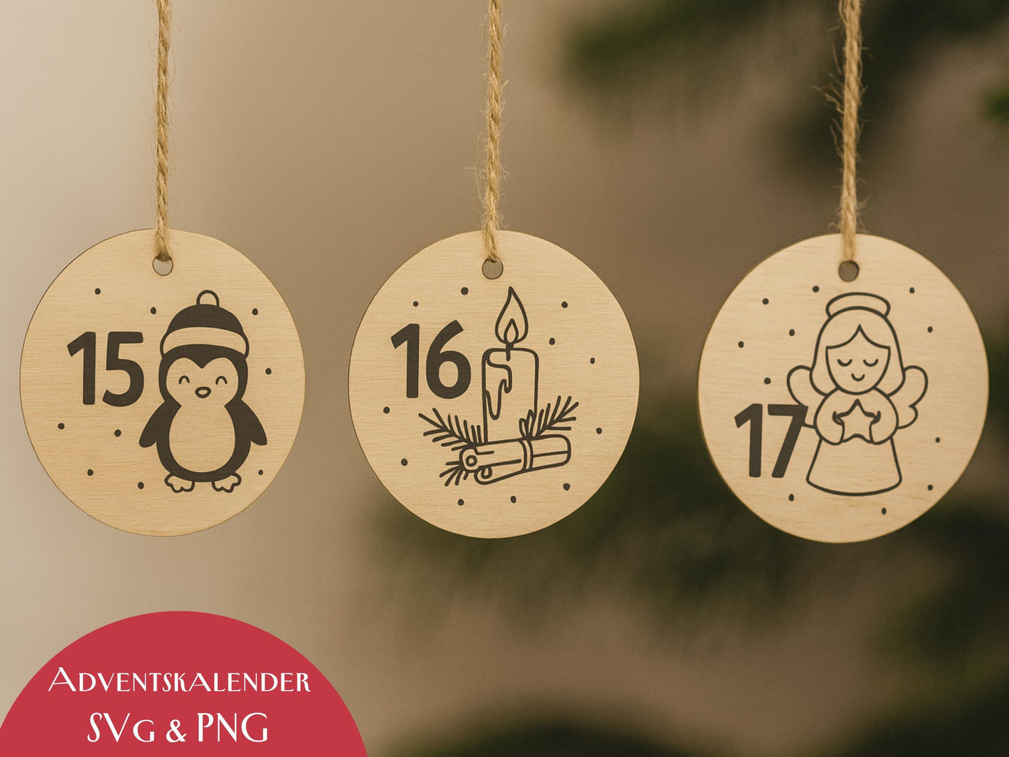 Laserdatei Adventszahlen Anhänger – Adventskalender Weihnachten SVG PNG – Holzanhänger für Kinder – DIY Weihnachtsdeko Plotter & Laserdatei