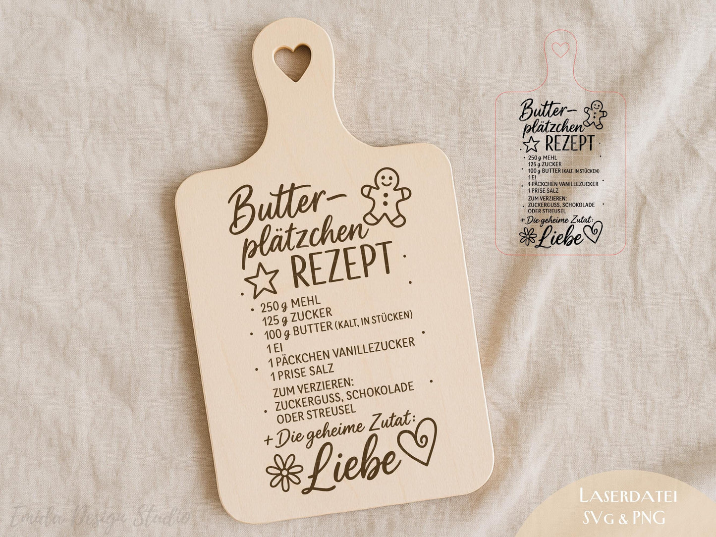 Laserdatei Weihnachtsrezepte – SVG PNG – Zimtsterne & Butterplätzchen – Gravurdatei für Holzbrettchen – Weihnachtsdeko Geschenkidee Küche