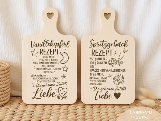 Laserdatei Weihnachtsrezepte – SVG PNG – Gravurdatei für Holzbrettchen – Spritzgebäck & Vanillekipferl – Plätzchen Rezepte Geschenkidee DIY