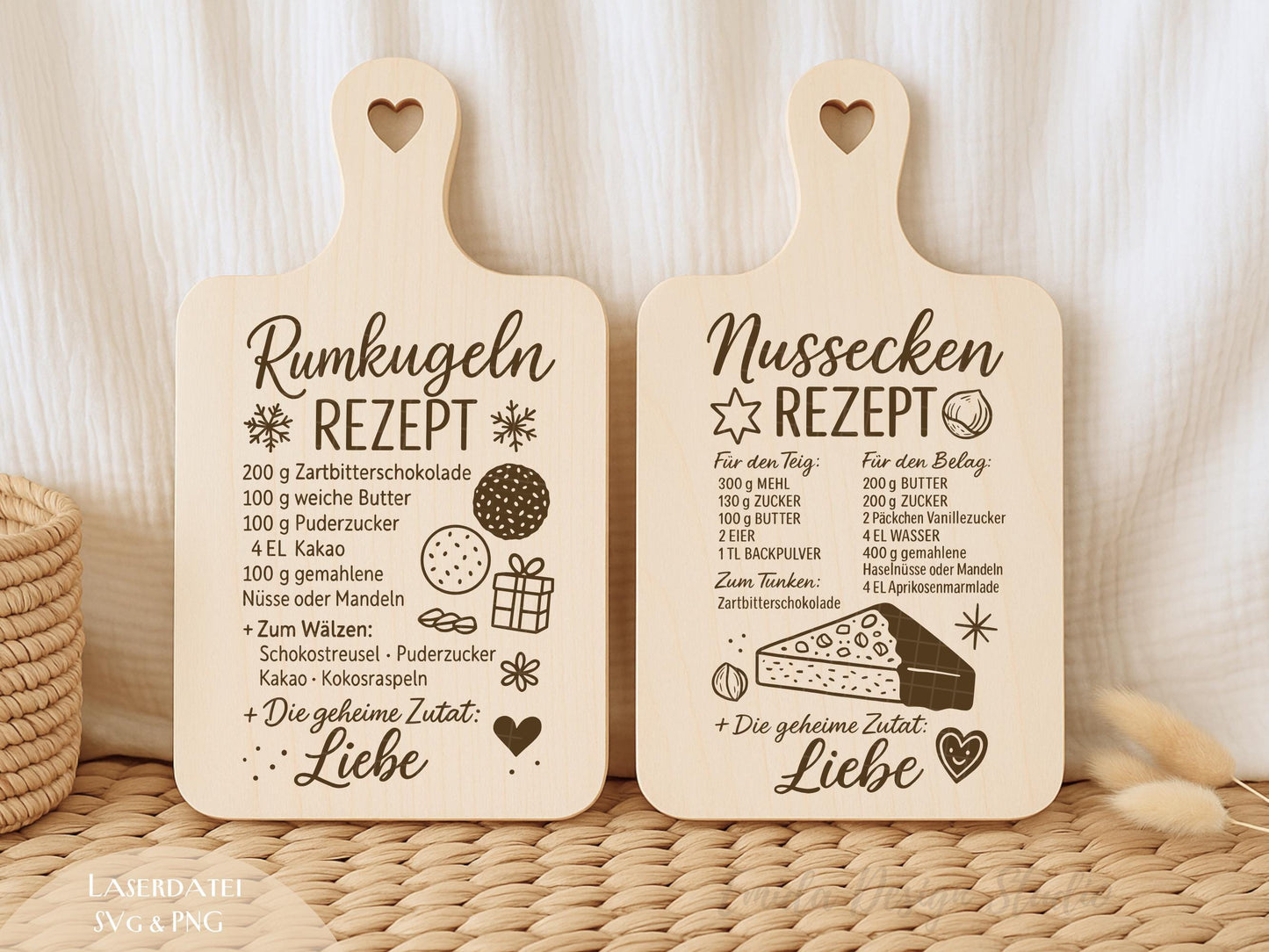 Laserdatei Weihnachtsrezepte – SVG PNG – Schneiden und Gravieren von Holzbrettchen – Rumkugeln & Nussecken – Plätzchen Rezepte Geschenkidee