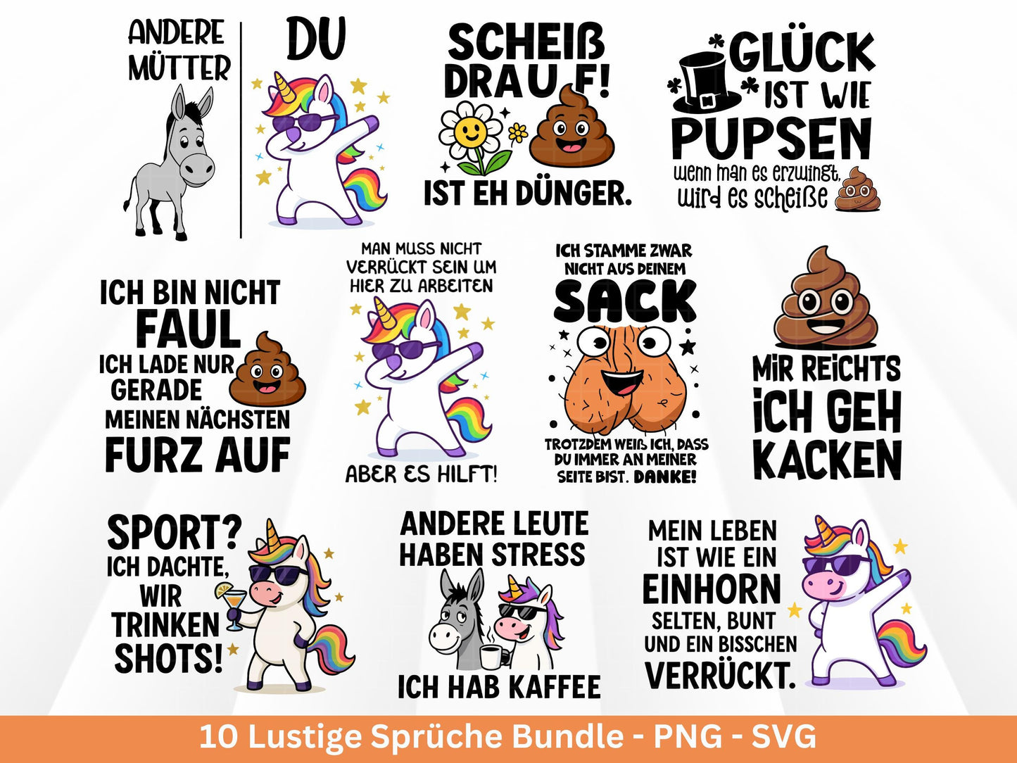 Lustige Sprüche SVG Plotterdatei Bundle – Einhorn Svg - Kackhaufen Poop Emoji – Deutsche Sprüche für Tassen Shirt Jutebeutel Cricut Geschenk