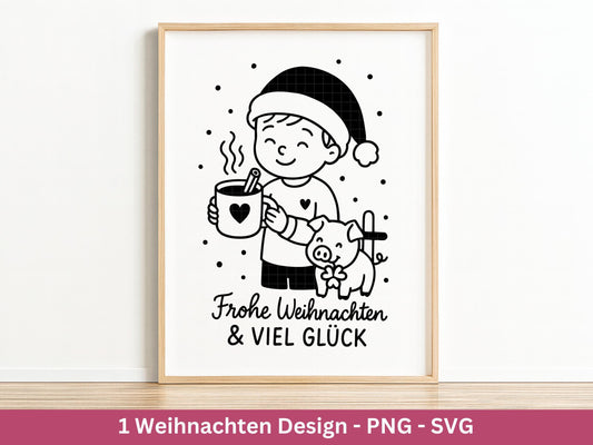 Weihnachten SVG Laserdatei – Frohe Weihnachten & Viel Glück Design – Plotterdatei Junge mit Schwein und Tasse – Cricut Silhouette Geschenk