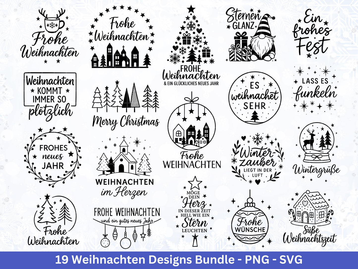 Weihnachten SVG Bundle – Plotterdatei & Laserdatei | Deutsche Sprüche Wintermotive (Kranz, Dorf, Kirche, Schneekugel) | PNG SVG | Cricut