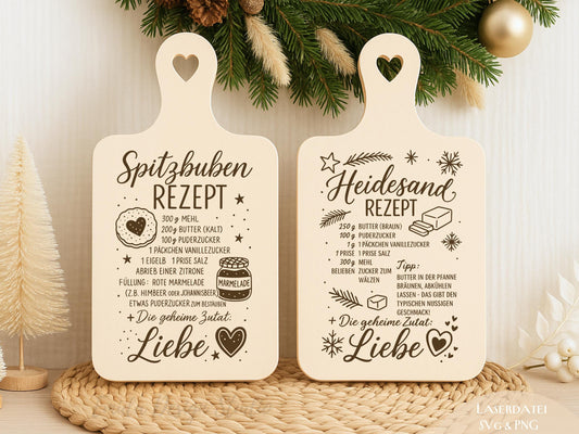 Laserdatei Weihnachtsrezepte – Spitzbuben & Heidesand – SVG PNG Gravurdatei für Holzbrettchen – Weihnachtsbäckerei Geschenkidee Küche Deko