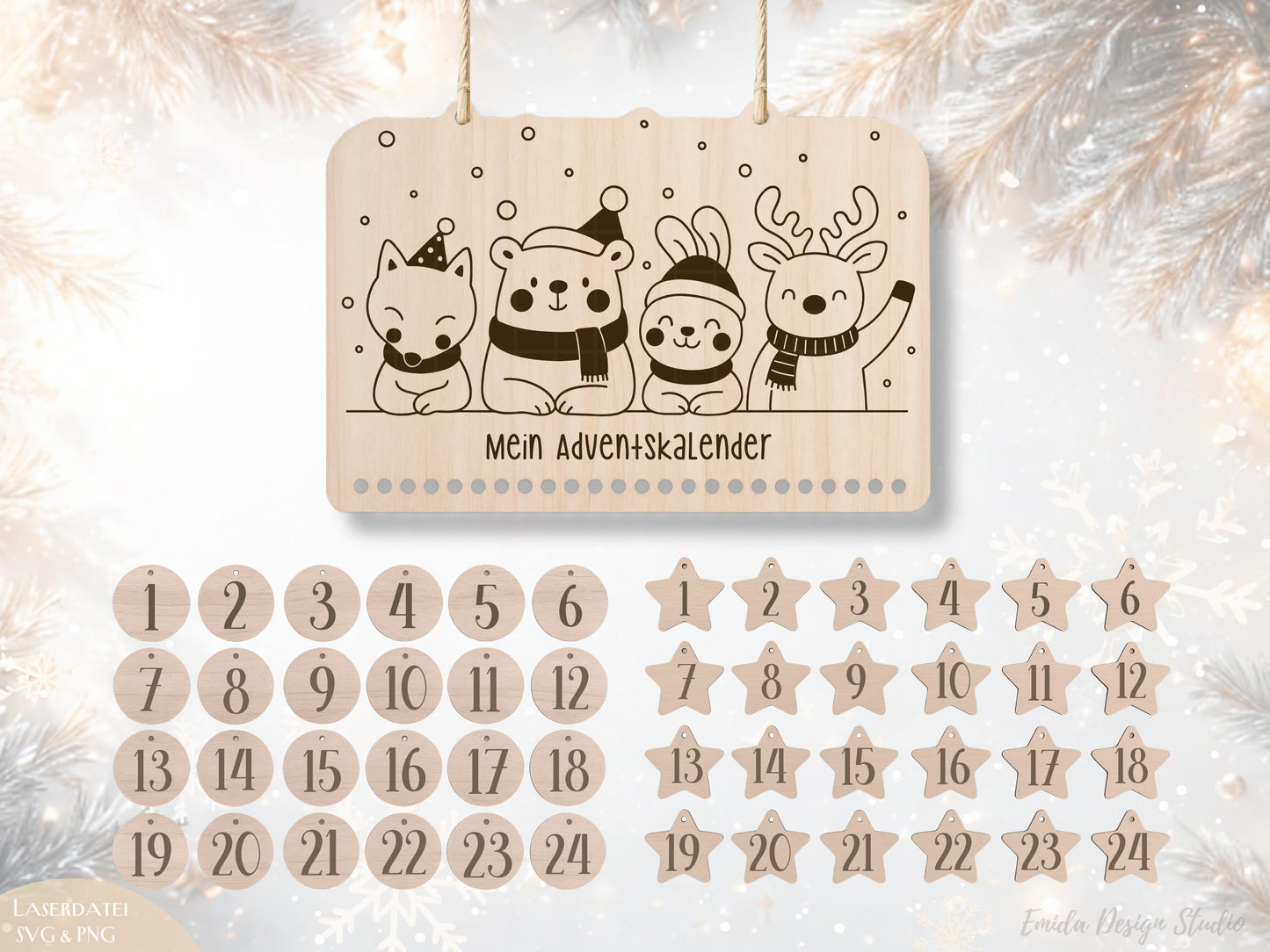 Laserdatei Adventskalender SVG & PNG – Plotterdatei Weihnachten – Weihnachtskalender Holz – Adventszahlen Anhänger - Kinder Geschenkidee DIY