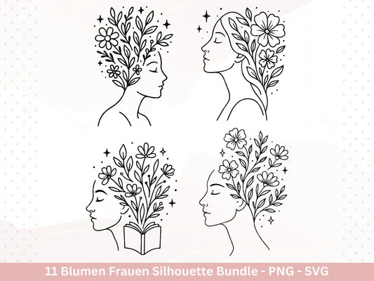 Blumen Frauen Silhouette SVG – Plotterdatei und Laserdatei | Boho Frau mit Blumen & Buch | PNG | Cricut Silhouette | Buchliebhaber Geschenk