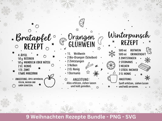 Plotterdatei & Laserdatei Weihnachtsrezepte – Rezepte SVG PNG – Glühwein Lebkuchen Bratapfel Winterpunsch – Weihnachten Geschenk Cricut