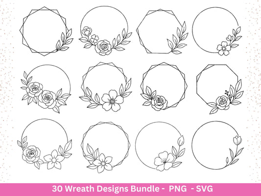 Blumenkranz Plotterdatei Bundle – 30 Kränze SVG PNG | Lorbeerkranz Monogramm Rahmen | Hochzeit Boho Deko | Cricut | Laserdatei Holzgravur