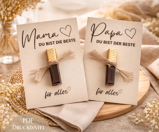 Druckvorlage Muttertag & Vatertag – Geschenkkarte mit Schokolade | Mama Papa Geschenkidee | PDF zum Ausdrucken | Karte Muttertag Vatertag