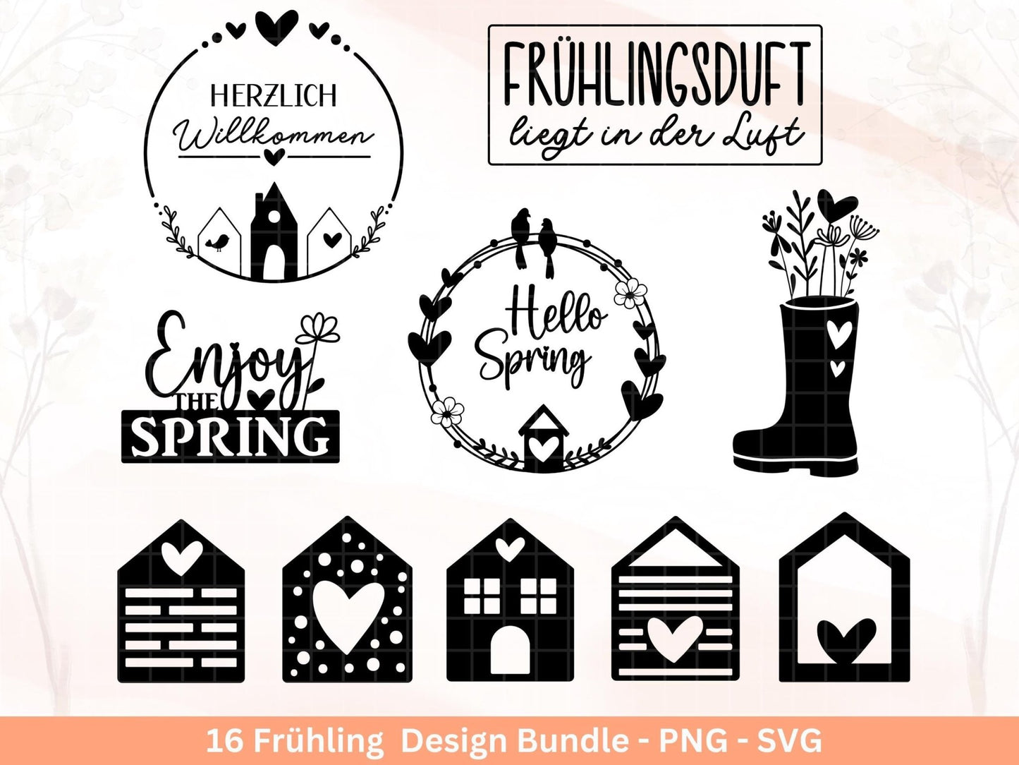Plotterdatei Frühling - Hallo Frühling - Laserdatei Frühling - Cricut Svg - Ostern Svg - Willkommen svg - Laserdatei Häuser - Frühling Svg - EmidaDesign