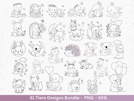 Handgezeichnete Tiere SVG Bundle – Plotterdatei & Laserdatei | Süße Wald Safari Tiere | Kinder Line Art Clipart | Geschenkidee Cricut Holz