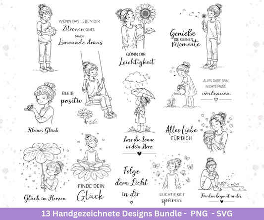 Handgezeichnete Mädchen Plotterdatei Bundle – Positive Sprüche SVG PNG | Cricut Silhouette | Laserdatei | Geschenk Freundin | Motivation