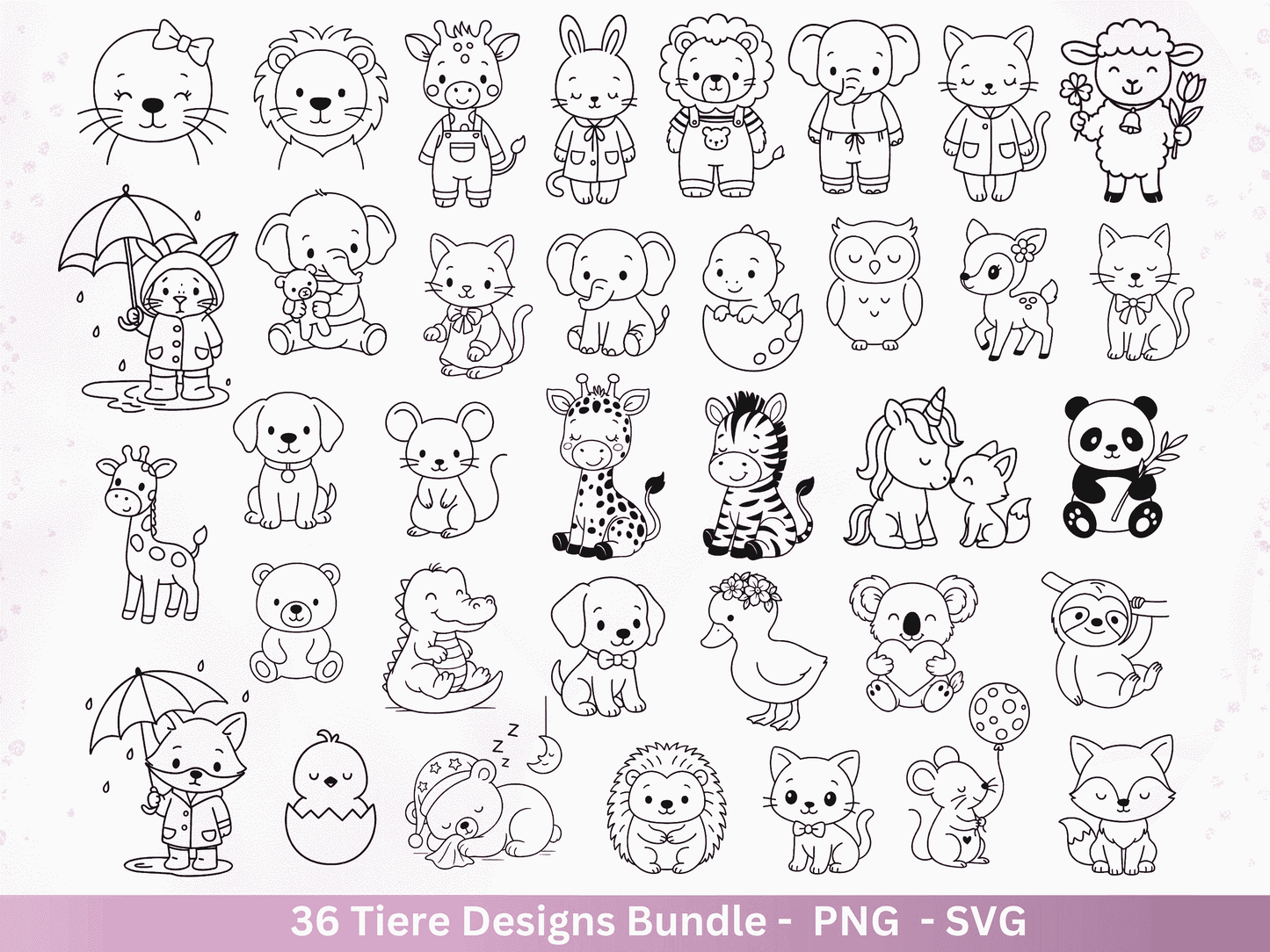 Line Art Tiere SVG Bundle – Handgezeichnete Wald und Safari Tiere, Kawaii Kinder Clipart, Plotterdatei & Lasergravur Geschenkidee Cricut