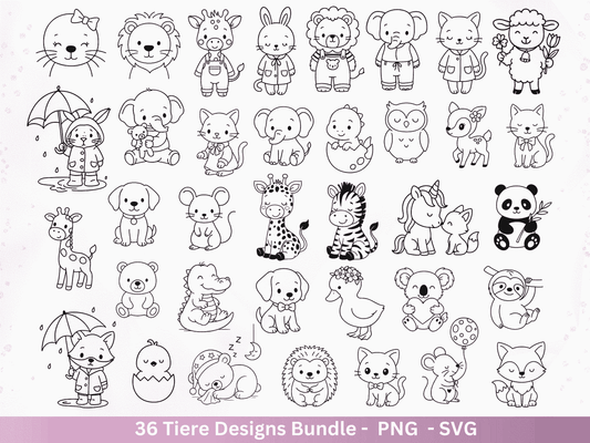 Line Art Tiere SVG Bundle – Handgezeichnete Wald und Safari Tiere, Kawaii Kinder Clipart, Plotterdatei & Lasergravur Geschenkidee Cricut