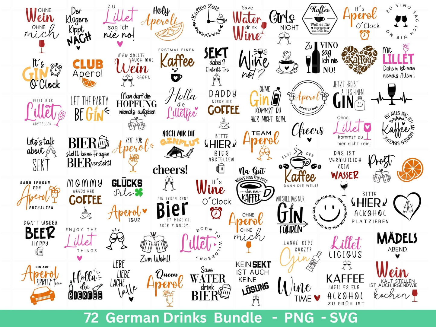 Deutsche Plotterdatei Getränke XXL Bundle - Alkohol svg - Lillet - Aperol svg - Gin - Cricut Silhouette - Kaffee svg - Deutsche Sprüche svg - EmidaDesign