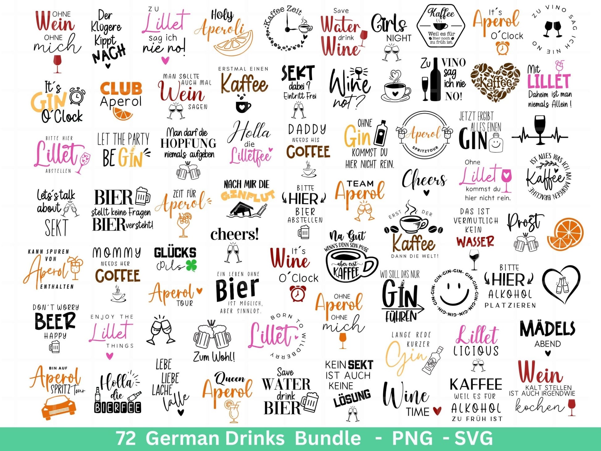 Deutsche Plotterdatei Getränke XXL Bundle - Alkohol svg - Lillet - Aperol svg - Gin - Cricut Silhouette - Kaffee svg - Deutsche Sprüche svg - EmidaDesign