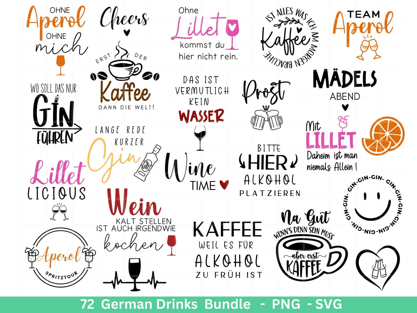 Deutsche Plotterdatei Getränke XXL Bundle - Alkohol svg - Lillet - Aperol svg - Gin - Cricut Silhouette - Kaffee svg - Deutsche Sprüche svg - EmidaDesign